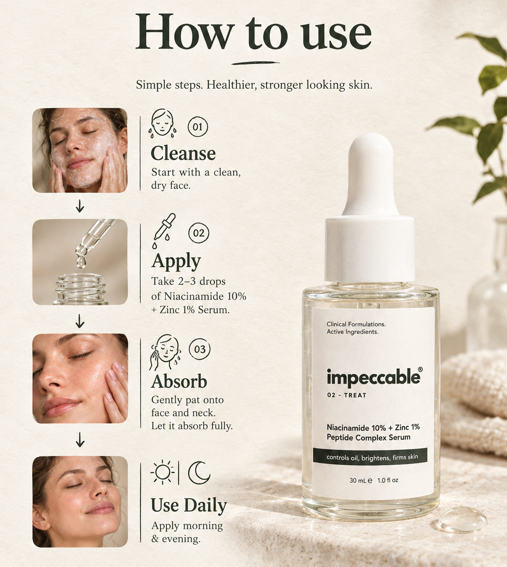 A hand holding a frosted glass dropper bottle of impecable skin serum against a solid light gray background.
