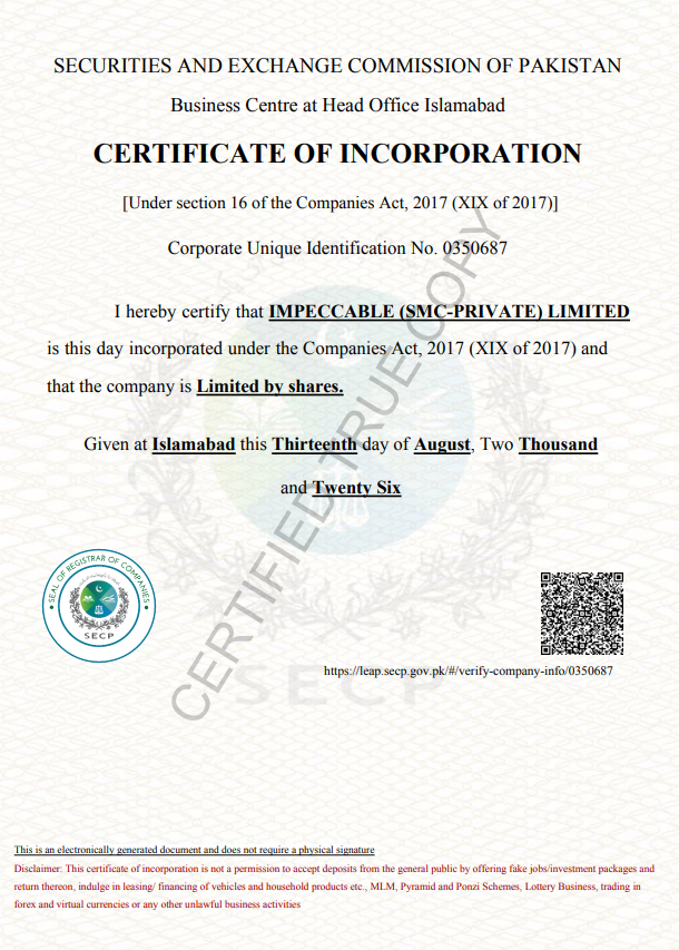 An official Certificate of Incorporation for 'Impeccable (SMC-Private) Limited' issued by the Securities and Exchange Commission of Pakistan, featuring company details, a QR code, and a watermark.