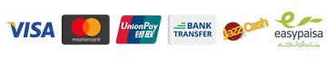 A row of payment and transfer logos on a plain white background, including VISA, Mastercard, UnionPay, BANK TRANSFER, Jazz Cash, and easypaisa.